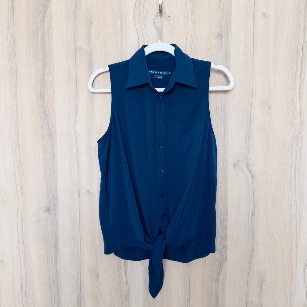 Ralph Lauren Womens Sleeveless Tie Front Top 6 Blue Button Down Preppy Summer